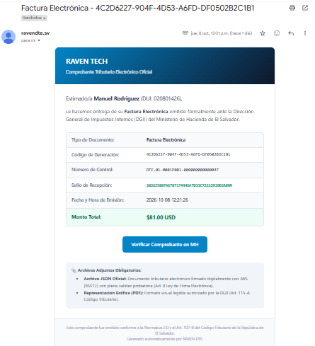 Correo de entrega de una factura electrónica de RAVEN DTE