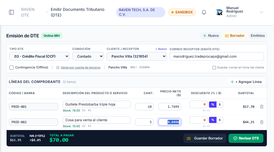 Pantalla de emisión de un crédito fiscal en RAVEN DTE