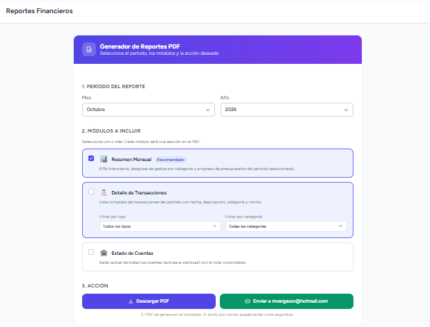 Generador de reportes PDF de Control Presupuestos